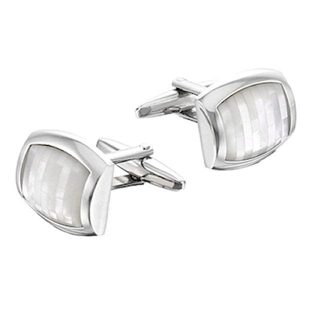 T.M.J mother of pearl cufflinks with polished silver frame and rectangular design