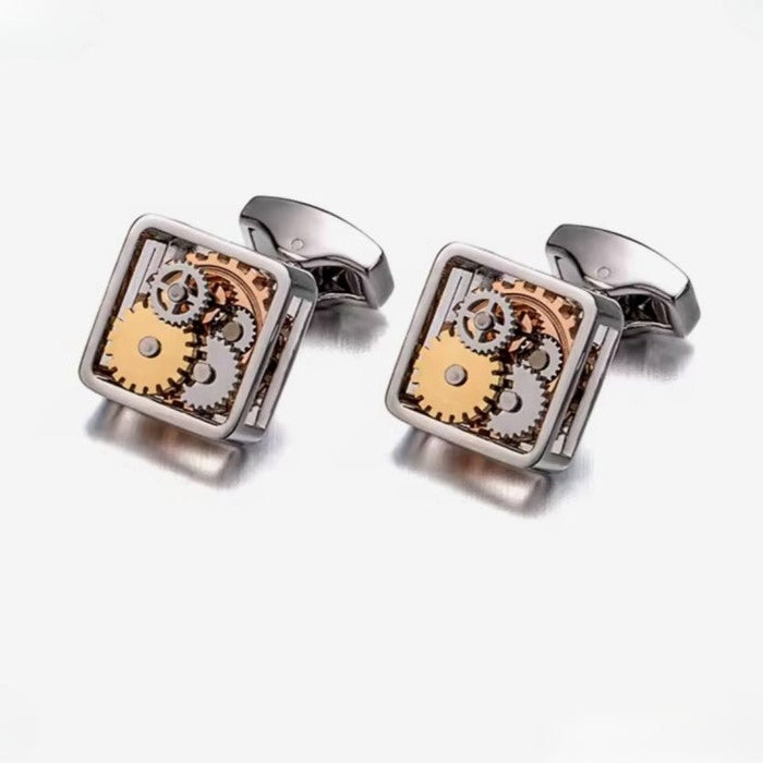 T.M.J mechanical cufflinks featuring steampunk gear cufflinks design with silver and gold gears