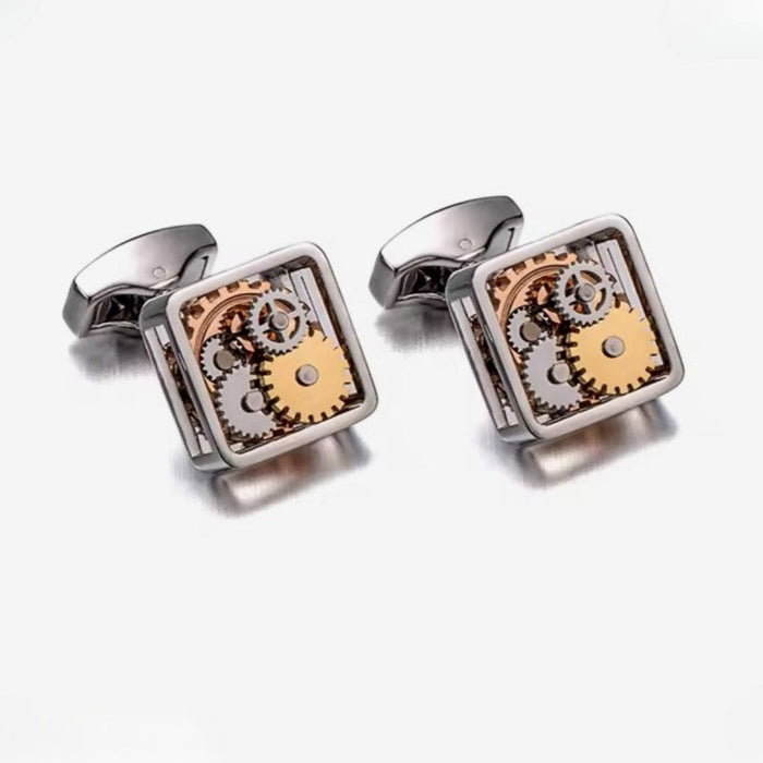 T.M.J mechanical cufflinks featuring steampunk gear cufflinks design with visible gold and silver gears