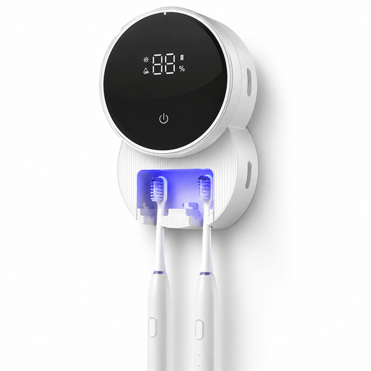 LaserGlow wall mounted UV toothbrush sanitizer with LED display, blue UV light, and dual electric toothbrush holder for bathroom oral care