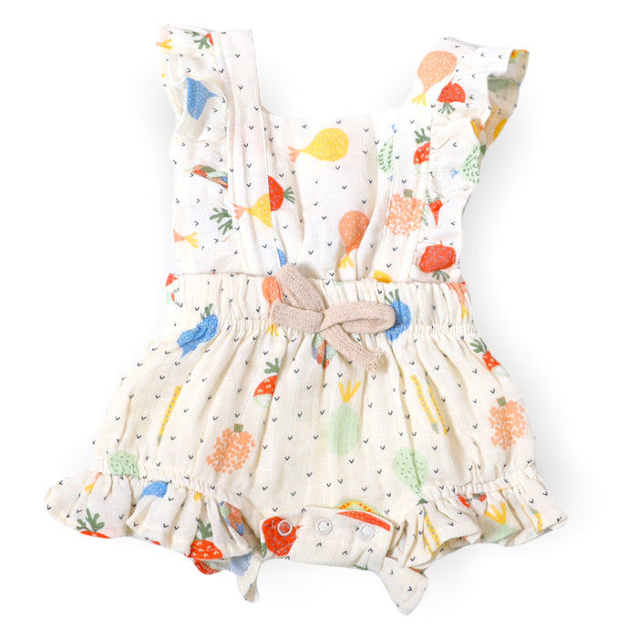 Veggie Salad Ruffled Tie Back Baby Romper (Organic Muslin)