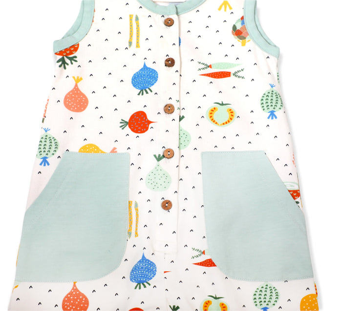 Veggie Sleeveless Side Pocket & Button Romper (Organic)