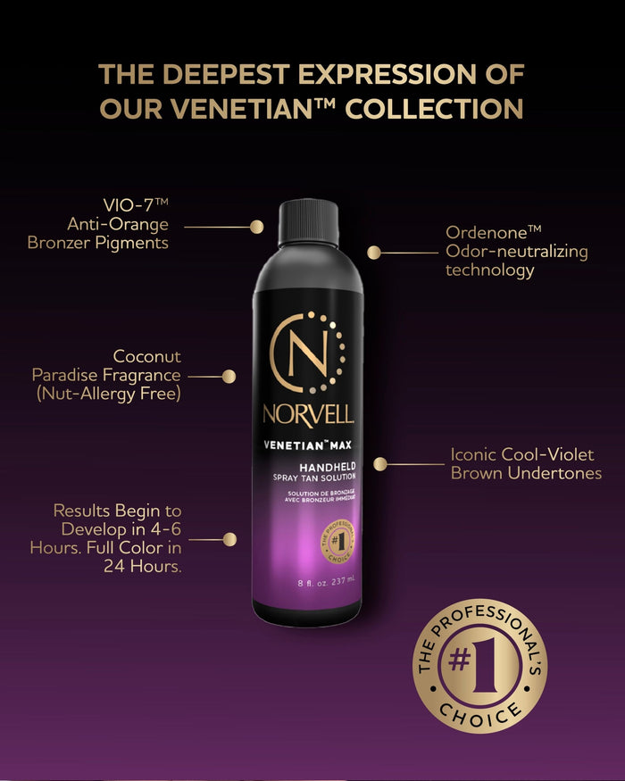 Norvell Venetian Max handheld spray tan solution bottle with text stating "The Deepest Expression of our Venetian Collection" on a dark purple background.
