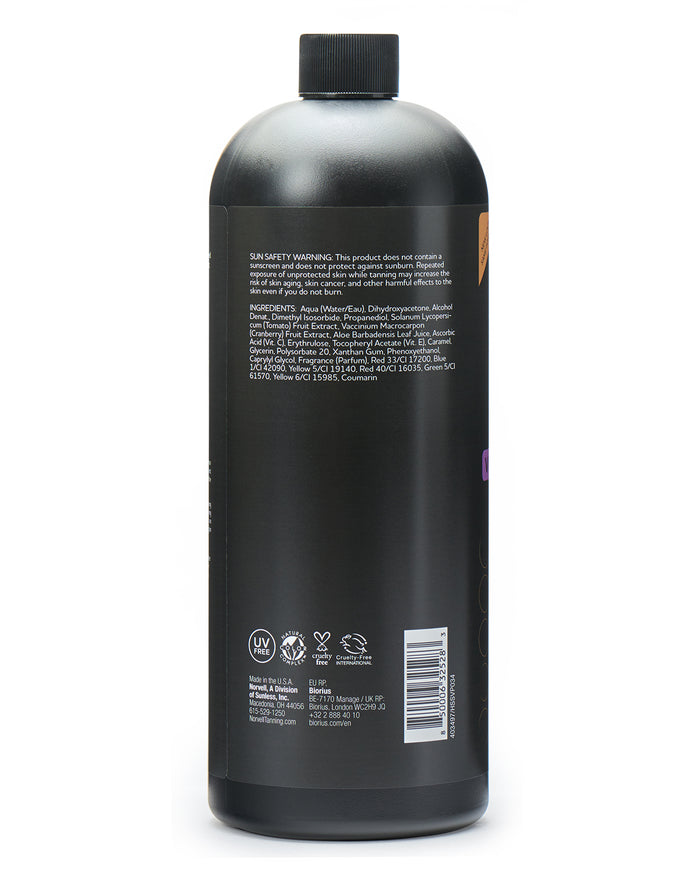 View of the back label of Norvell Venetian Plus, Professional Spray Tan Solution 34oz Bottle on a white background