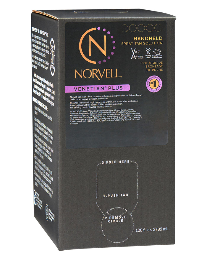 Front view of Norvell Venetian Plus, Professional Spray Tan Solution 128oz Ever-Fresh Box on a white background