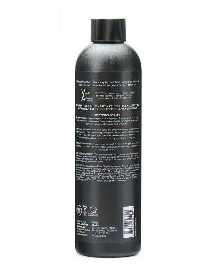 View of the back label of Norvell Venetian Plus, Professional Spray Tan Solution 8oz Bottle on a white background