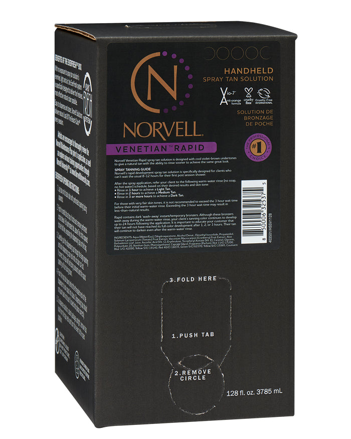 Front view of Norvell Venetian Rapid, Professional Spray Tan Solution 128oz Ever-Fresh Box on a white background