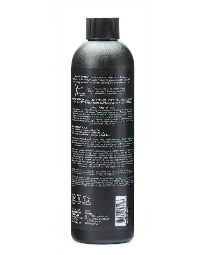 View of the back label of Norvell Venetian Rapid, Professional Spray Tan Solution 8oz Bottle on a white background