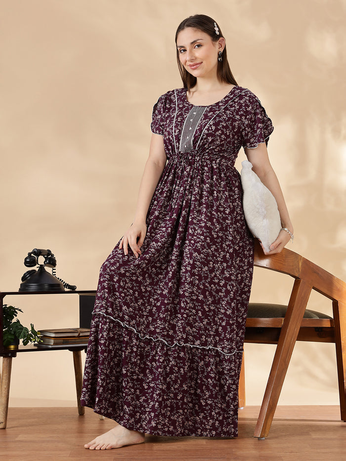 Wine Flora Micro Floral Frock Nighty with Embroidered Placket