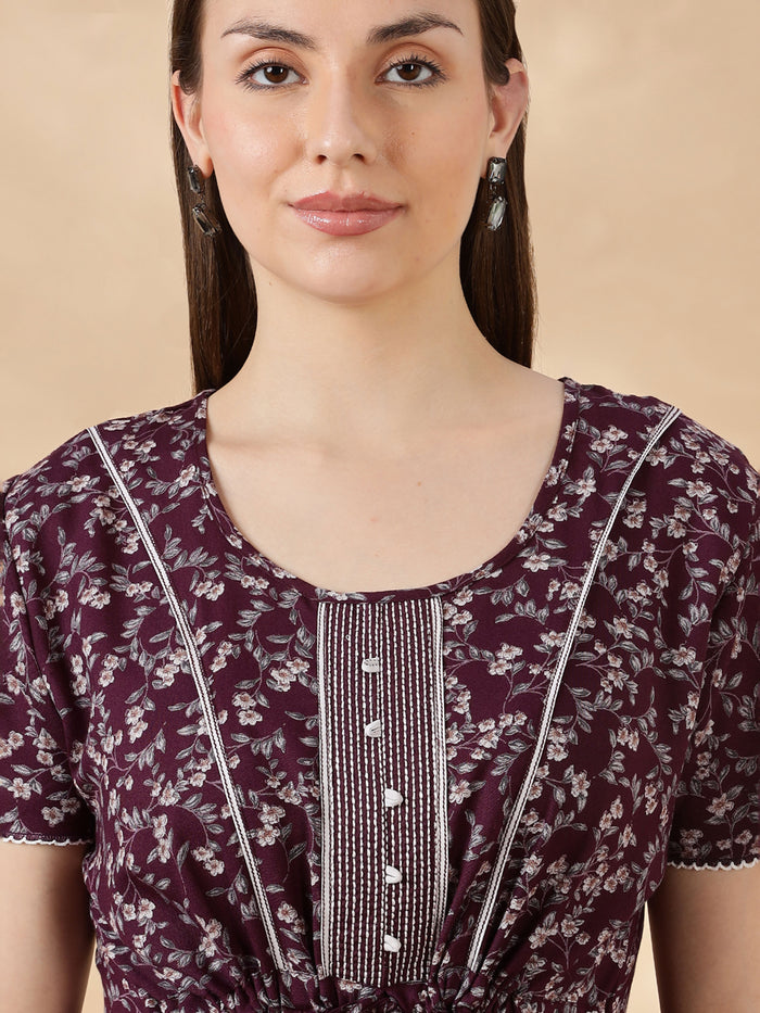 Wine Flora Micro Floral Frock Nighty with Embroidered Placket