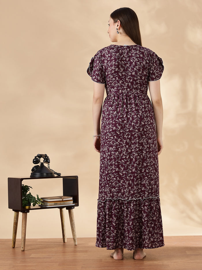 Wine Flora Micro Floral Frock Nighty with Embroidered Placket