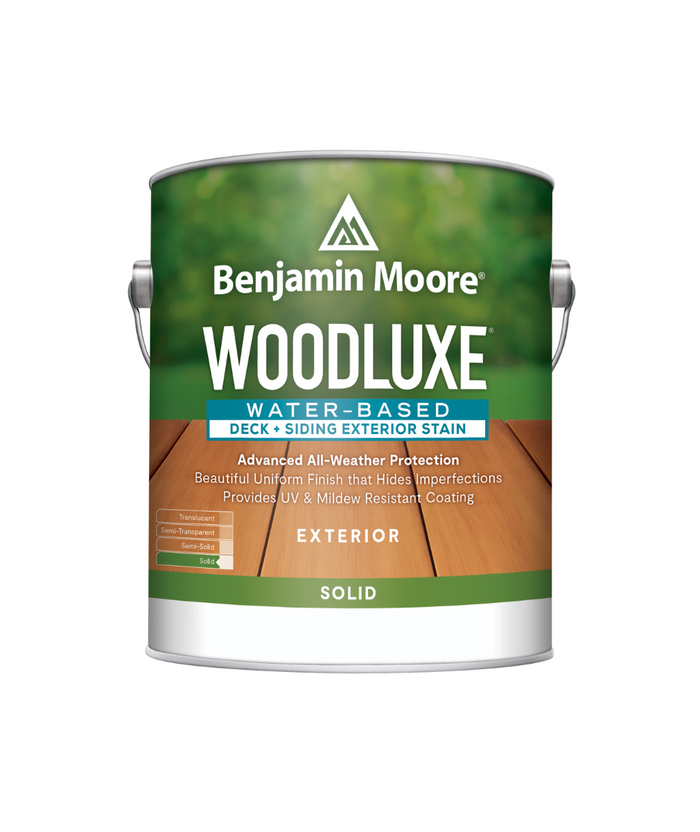 Benjamin Moore Woodluxe® Water-Based Solid Exterior Stain available at Clement's Paint in Austin, Texas.