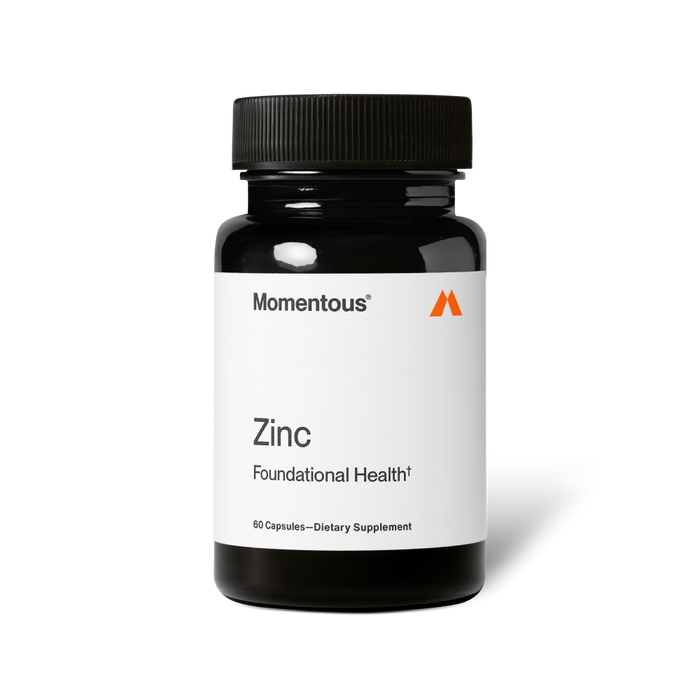 Black bottle labeled “Momentous Zinc – Foundational Health†.” Contains 60 capsules. Minimalist white label with Momentous branding.