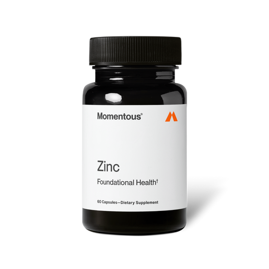 Black bottle labeled “Momentous Zinc – Foundational Health†.” Contains 60 capsules. Minimalist white label with Momentous branding.